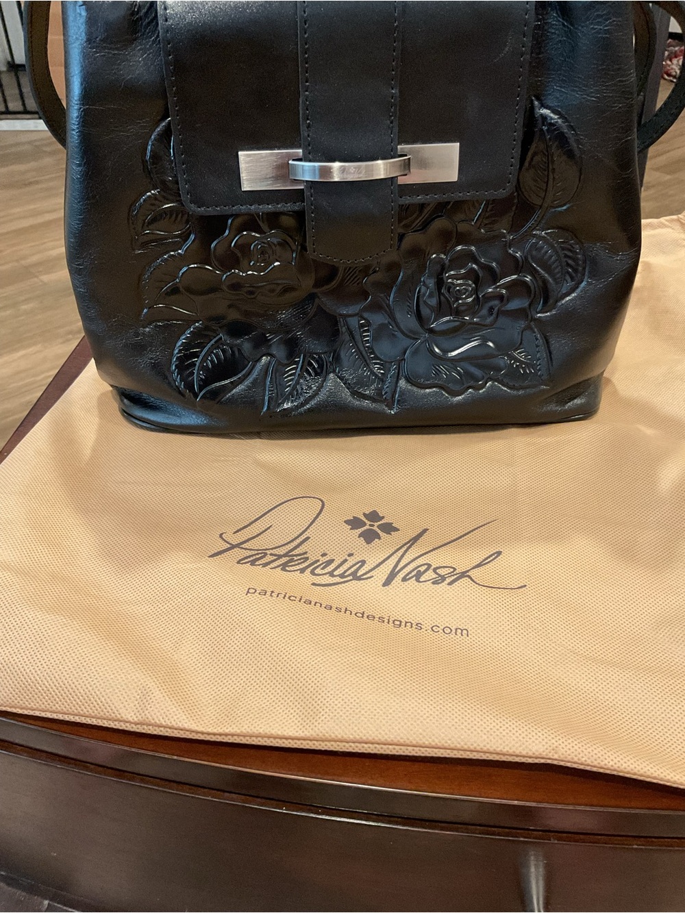 Patricia Nash Black Embossed Leather Backpack with Floral Detail